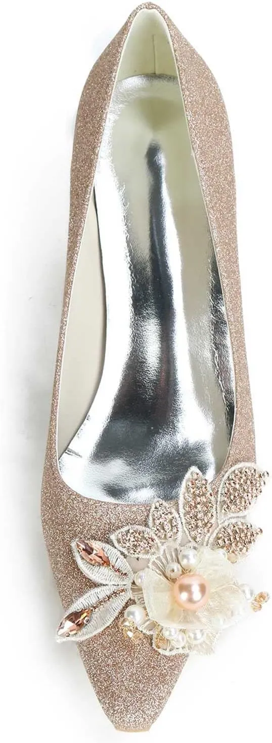 TarfiC Champagne Heels for Women Chunky Rhinestone Low Heels Dress Pump Sandals Bridal Wedding Party Evening Prom Dance Shoes