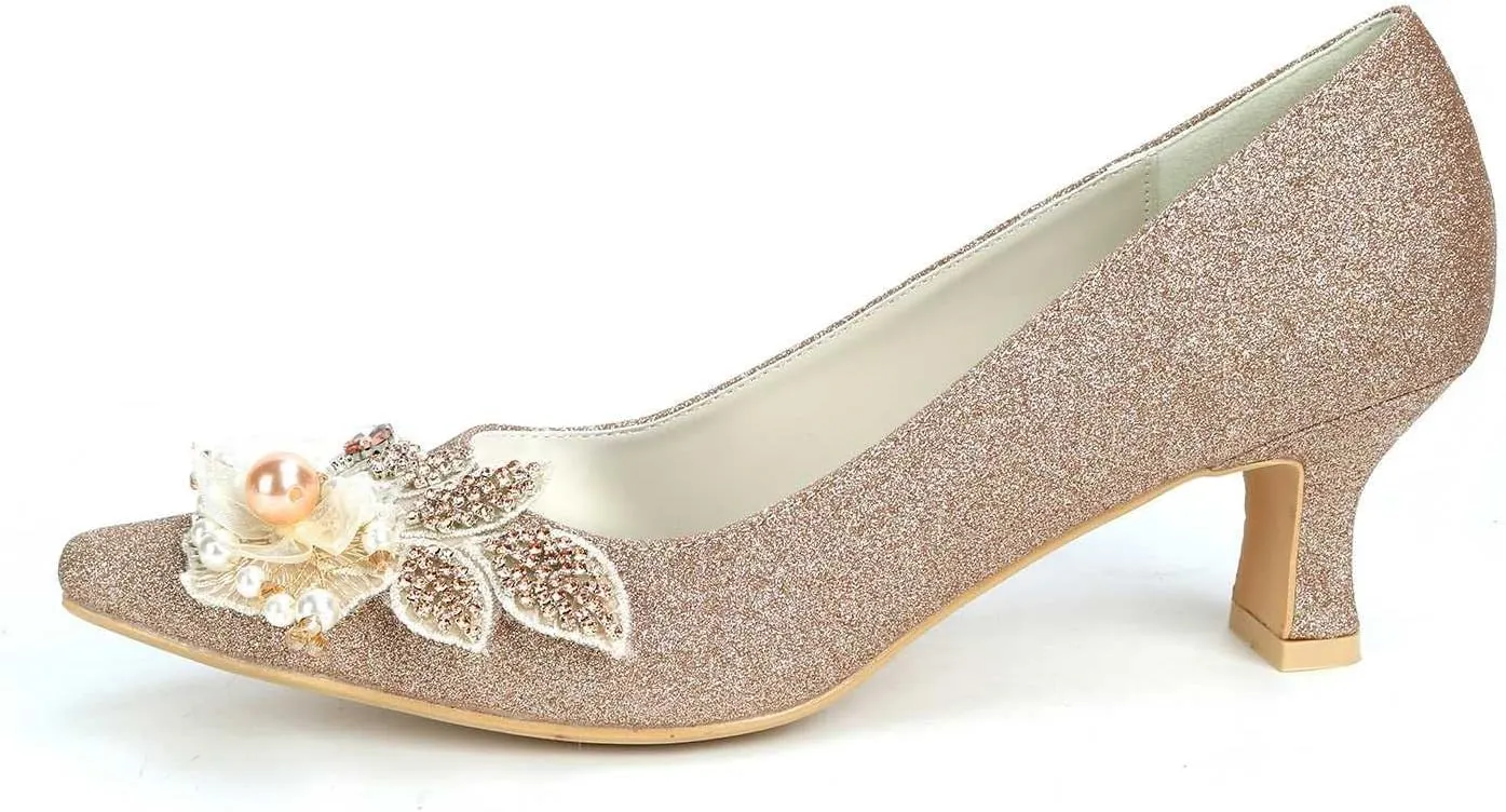 TarfiC Champagne Heels for Women Chunky Rhinestone Low Heels Dress Pump Sandals Bridal Wedding Party Evening Prom Dance Shoes