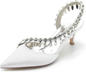 TarfiC Pointed Toe Kitten Heel Rhinestone Satin Wedding Shoes for Bride High Heels Slip on Bridal Shoes for Women Satin Heels Prom Party Shoes