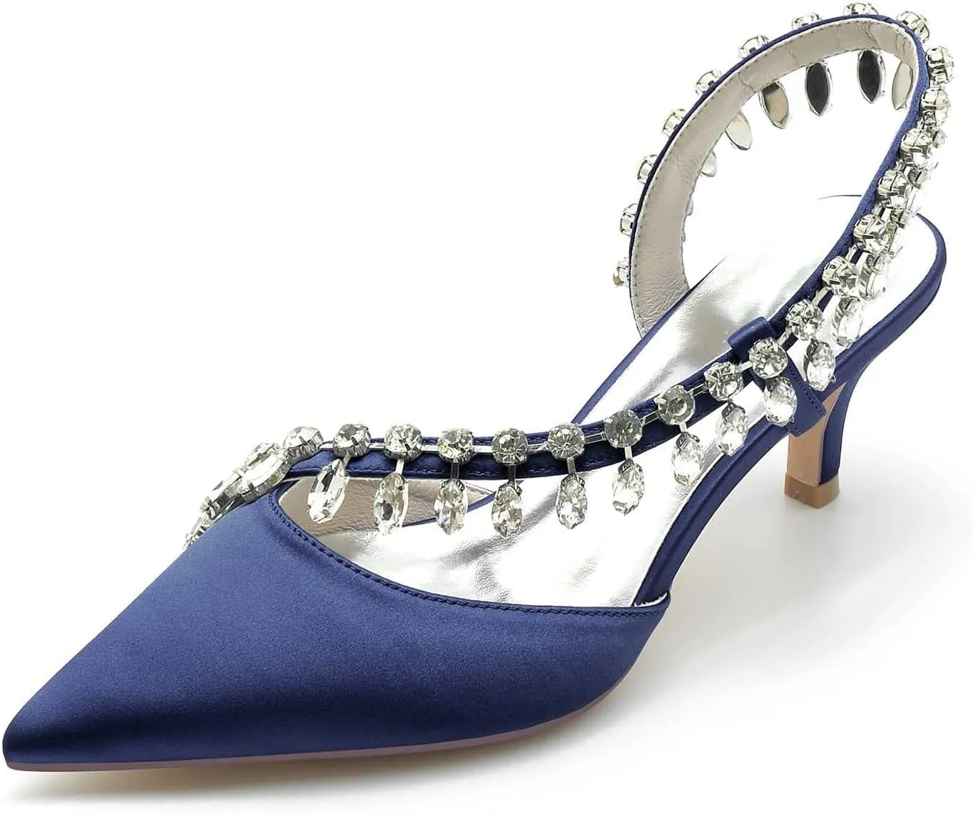 TarfiC Pointed Toe Kitten Heel Rhinestone Satin Wedding Shoes for Bride High Heels Slip on Bridal Shoes for Women Satin Heels Prom Party Shoes