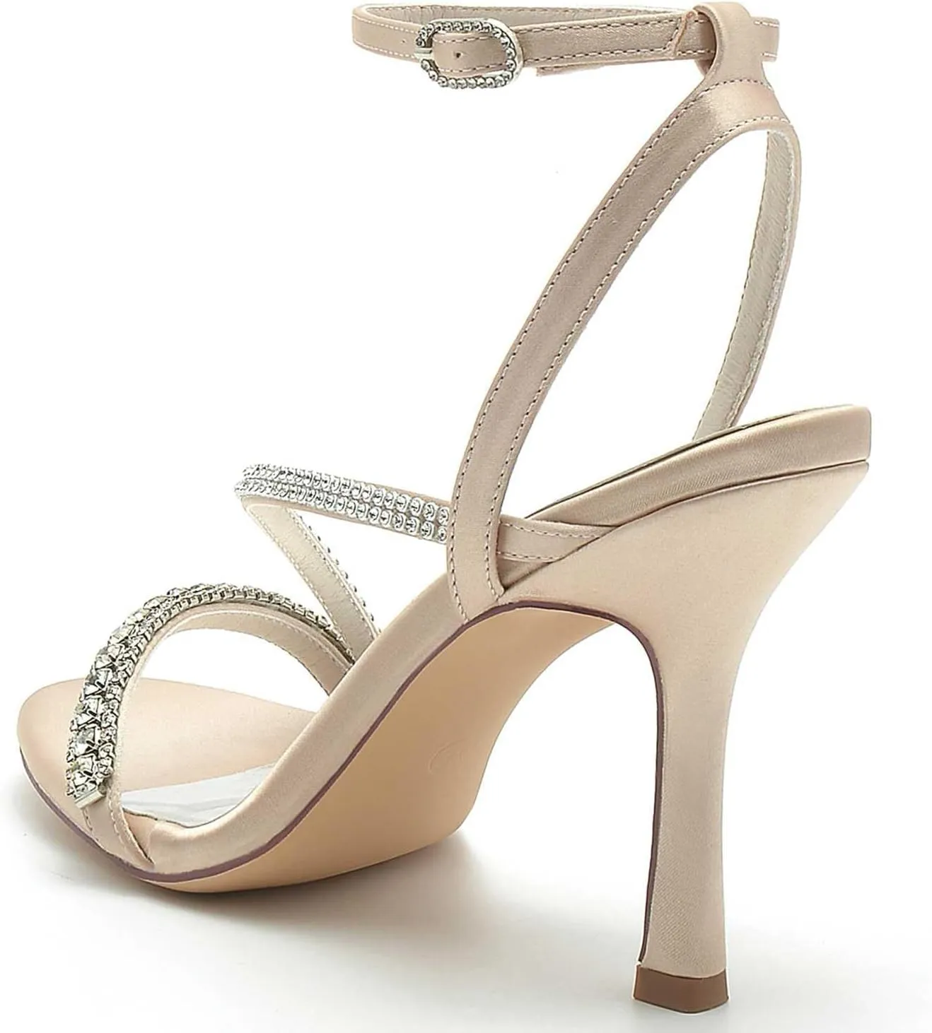 TarfiC Women's High Heel Pumps Open Toe Sandals Satin Kitten Heel Rhinestones Buckle Round Toe Strap Stiletto Bridal Wedding Party Shoes,3.74"