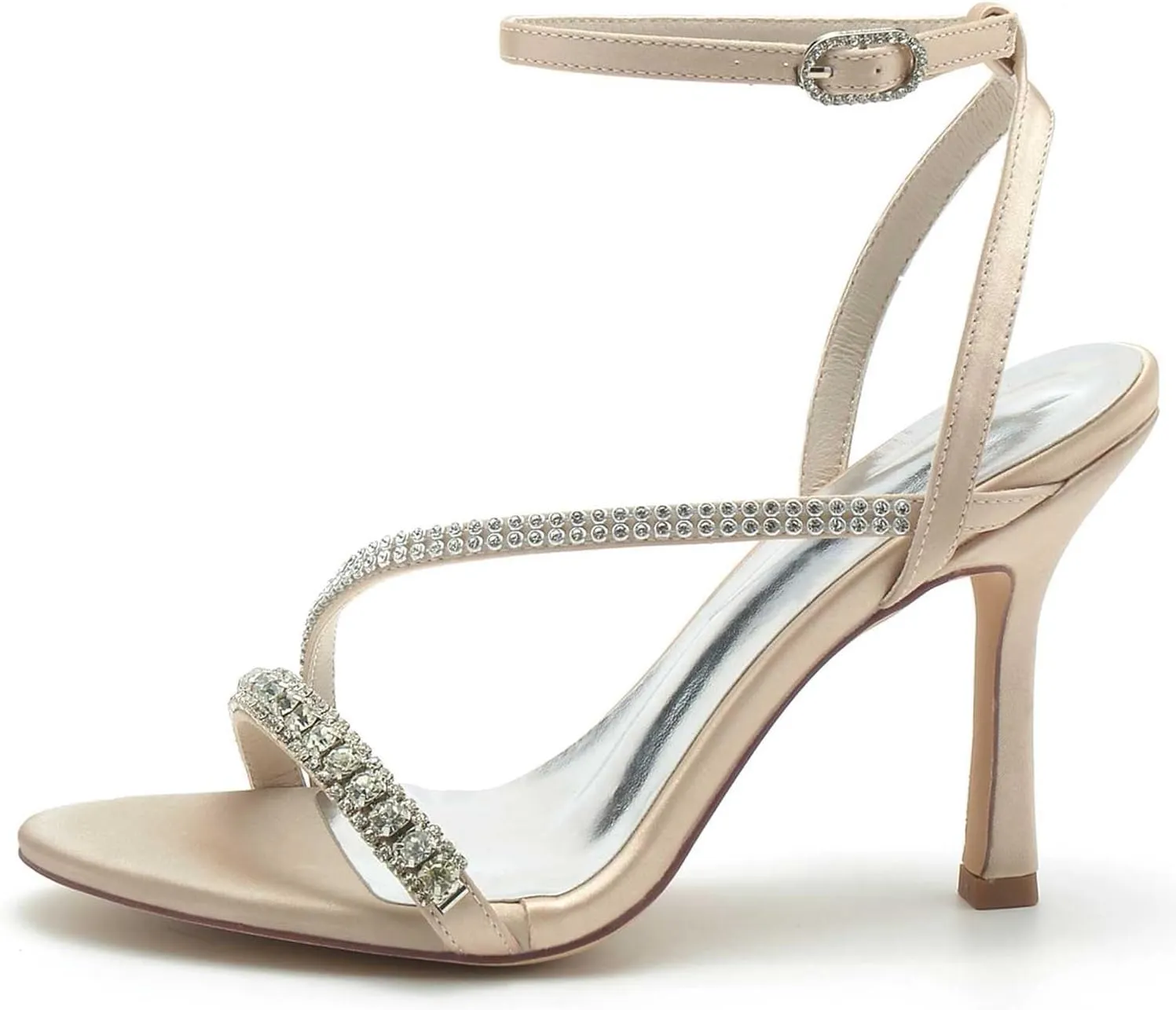 TarfiC Women's High Heel Pumps Open Toe Sandals Satin Kitten Heel Rhinestones Buckle Round Toe Strap Stiletto Bridal Wedding Party Shoes,3.74"
