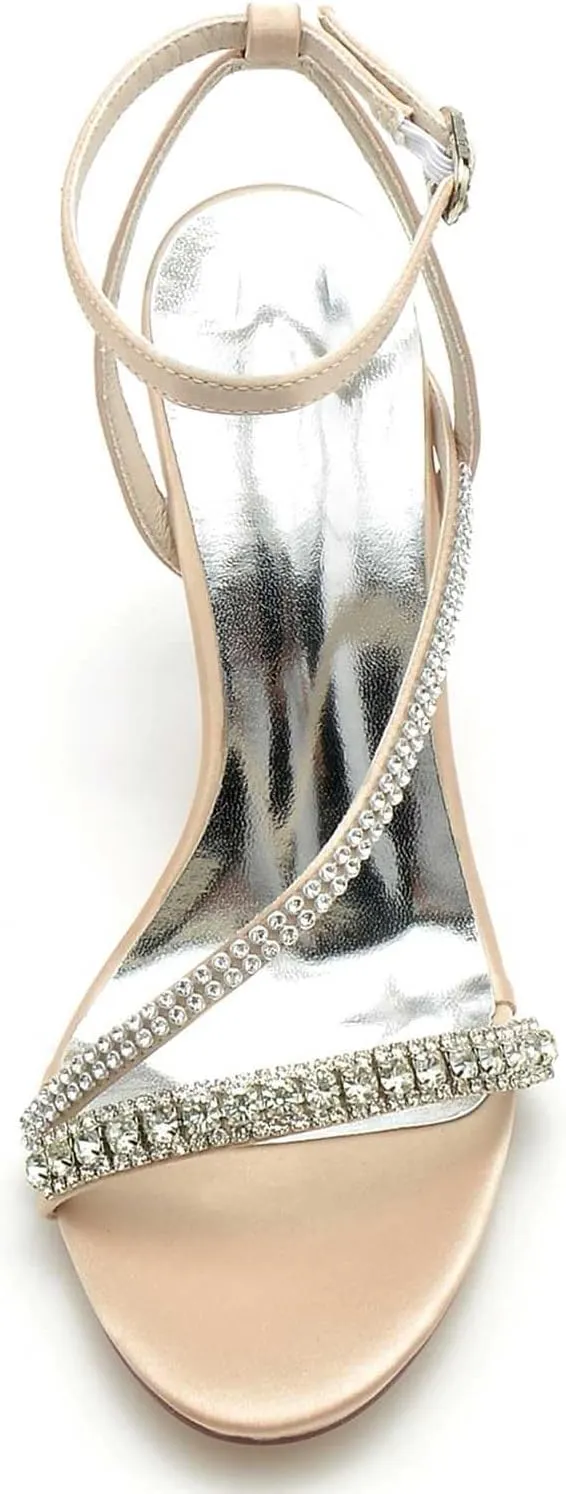 TarfiC Women's High Heel Pumps Open Toe Sandals Satin Kitten Heel Rhinestones Buckle Round Toe Strap Stiletto Bridal Wedding Party Shoes,3.74"