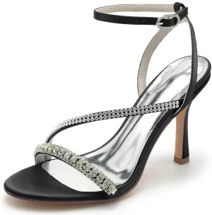 TarfiC Women's High Heel Pumps Open Toe Sandals Satin Kitten Heel Rhinestones Buckle Round Toe Strap Stiletto Bridal Wedding Party Shoes,3.74"