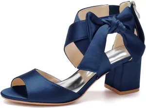 TarfiC Women's Low Block Heel Sandals Satin Bridal Chunky Ankle Strap Zipper Wedding Dress Shoes Low Heel Pump