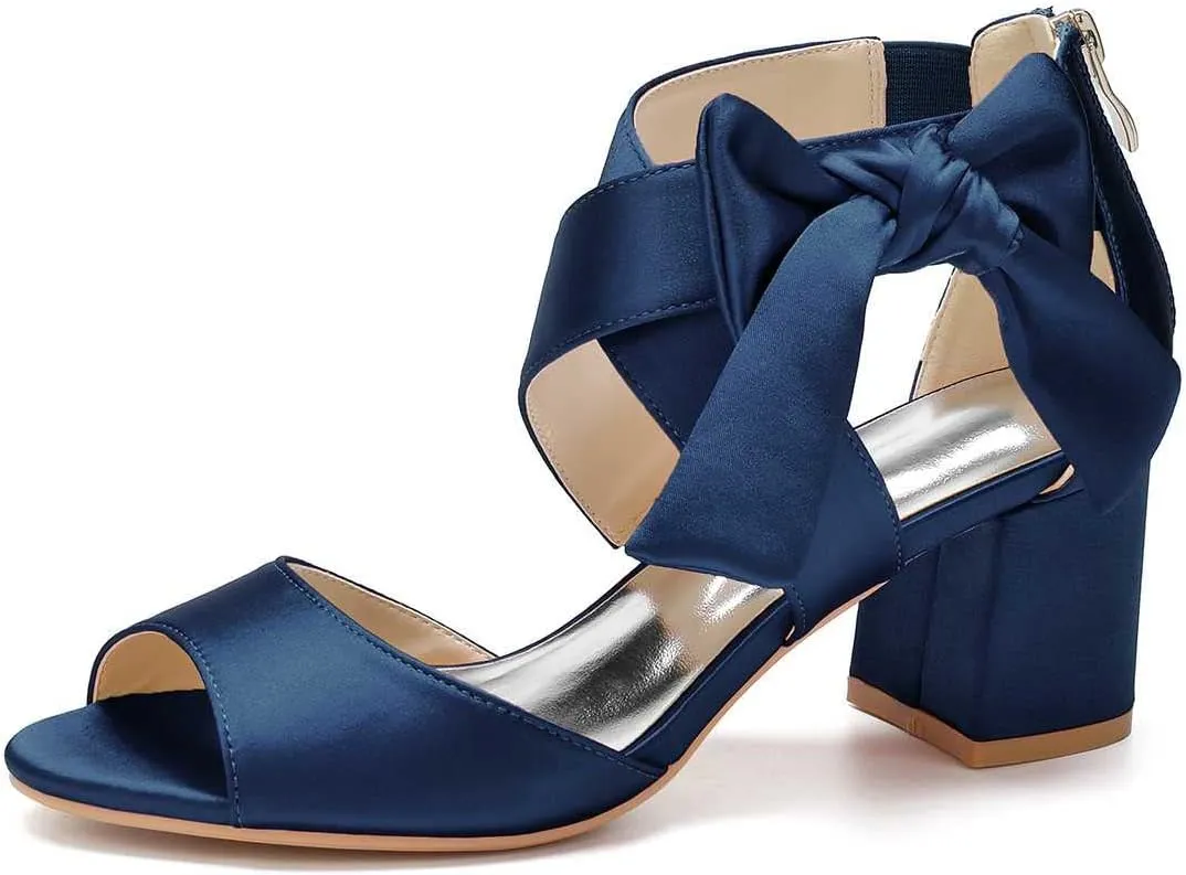 TarfiC Women's Low Block Heel Sandals Satin Bridal Chunky Ankle Strap Zipper Wedding Dress Shoes Low Heel Pump