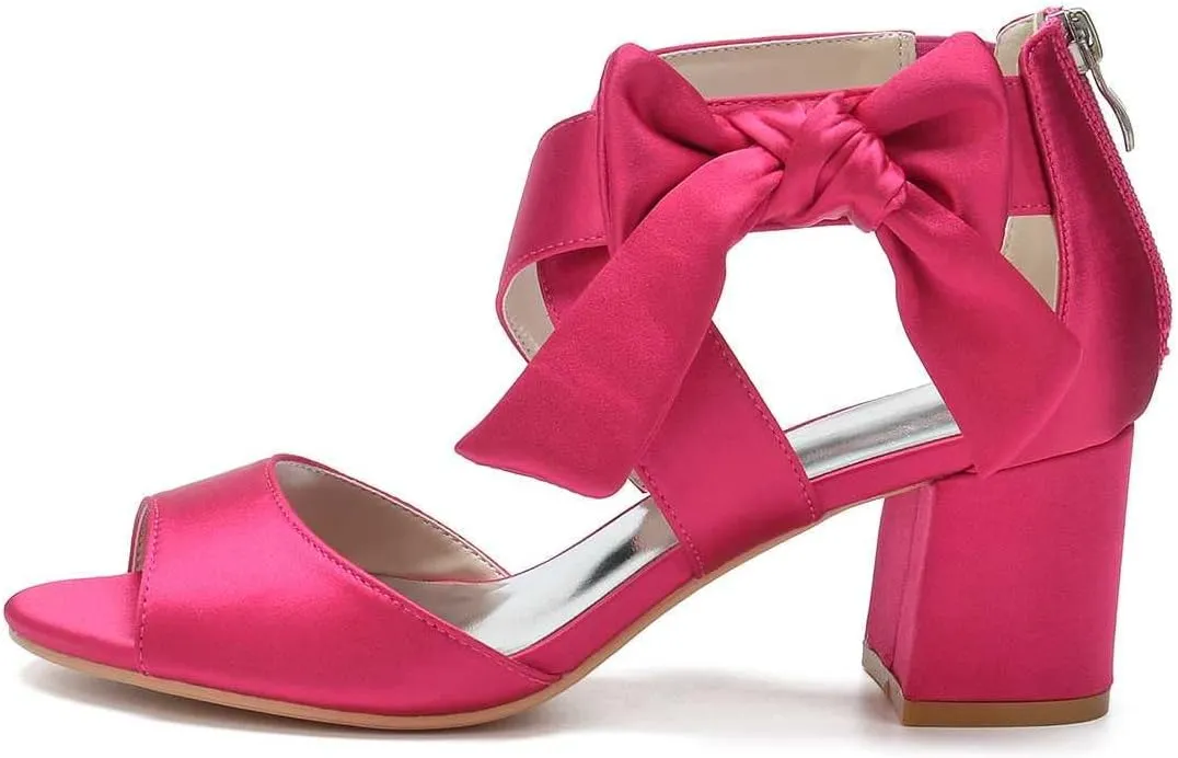TarfiC Women's Low Block Heel Sandals Satin Bridal Chunky Ankle Strap Zipper Wedding Dress Shoes Low Heel Pump