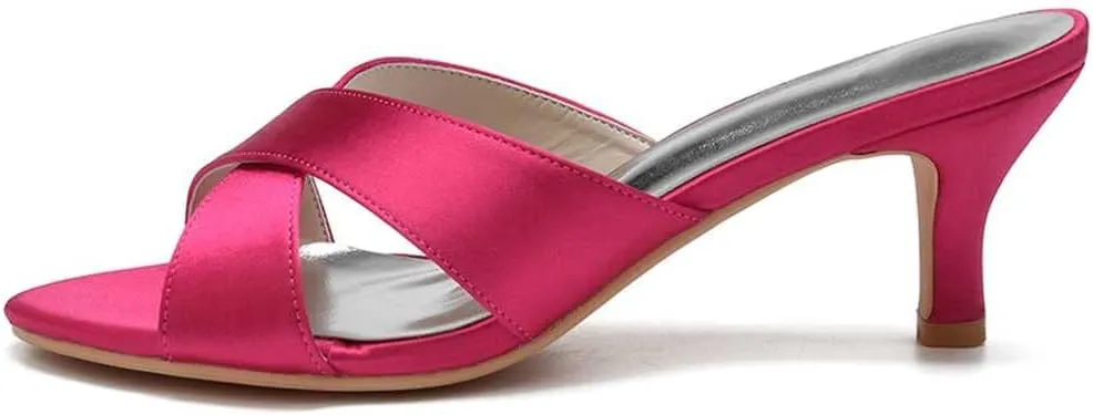 TarfiC Women's Open Toe Sandals Satin Slip On Kitten Heels High Heel Fashion Wedding Dress Slipper Slide