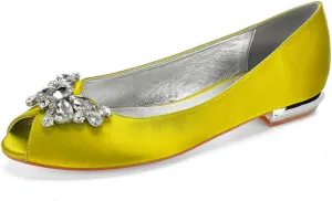TarfiC Women's Satin Wedding Flats for The Bride Bridal Shoes with Rhinestones, Formal Peep Toe Design Slip-On Flats, Ballet Flats for Special Occasions