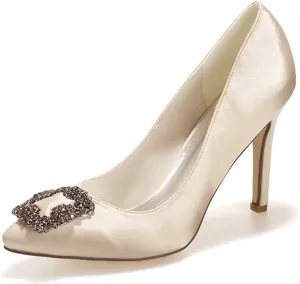 TarfiC Women's Wedding Rhinestones Satin Low Kitten Heels Pumps Dress Evening Shoes for Women Bridal Bride Pumps Shoes