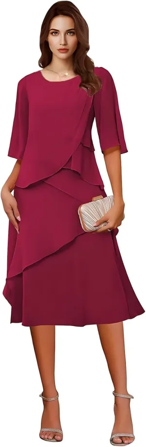 Tea Length Chiffon Mother of The Bride Dresses for Women 2025 Half Sleeves Mother of Groom Formal Evening Dress