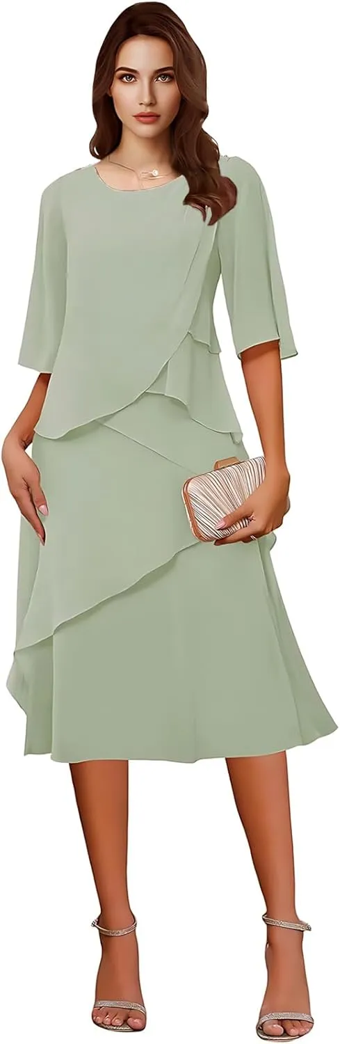 Tea Length Chiffon Mother of The Bride Dresses for Women 2025 Half Sleeves Mother of Groom Formal Evening Dress
