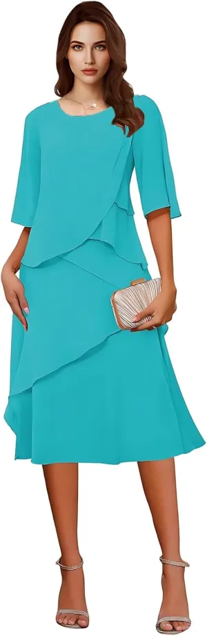 Tea Length Chiffon Mother of The Bride Dresses for Women 2025 Half Sleeves Mother of Groom Formal Evening Dress