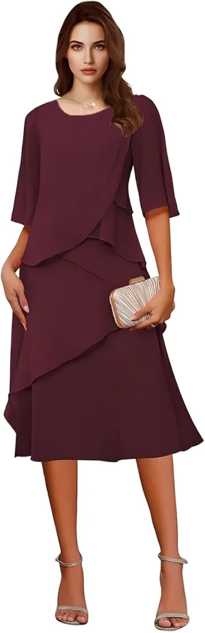 Tea Length Chiffon Mother of The Bride Dresses for Women 2025 Half Sleeves Mother of Groom Formal Evening Dress