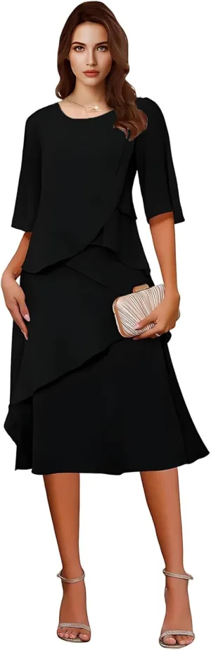 Tea Length Chiffon Mother of The Bride Dresses for Women 2025 Half Sleeves Mother of Groom Formal Evening Dress