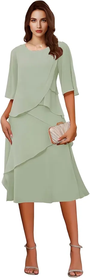 Tea Length Chiffon Mother of The Bride Dresses for Women 2025 Half Sleeves Mother of Groom Formal Evening Dress