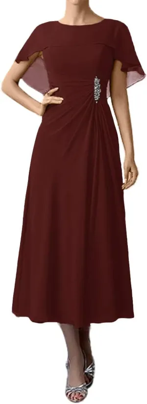 Tea Length Mother of The Bride Dresses Chiffon Evening Formal Dress Cloak Women's