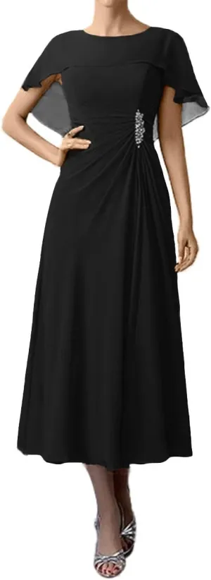 Tea Length Mother of The Bride Dresses Chiffon Evening Formal Dress Cloak Women's