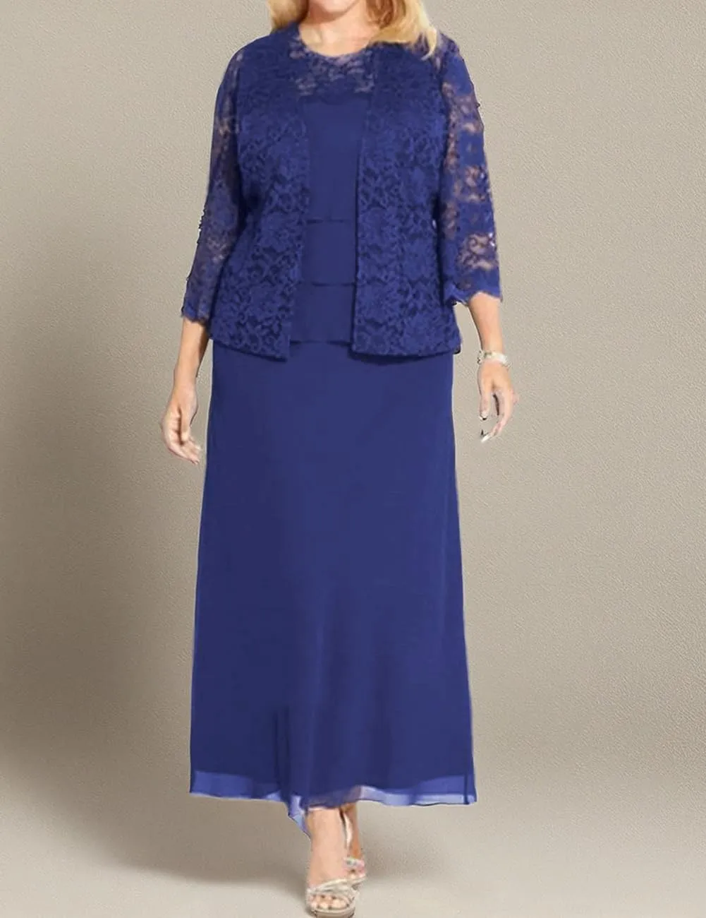 Tea Length Mother of The Bride Dresses Chiffon Evening Formal Dress Lace Jacket Plus Size Tiered