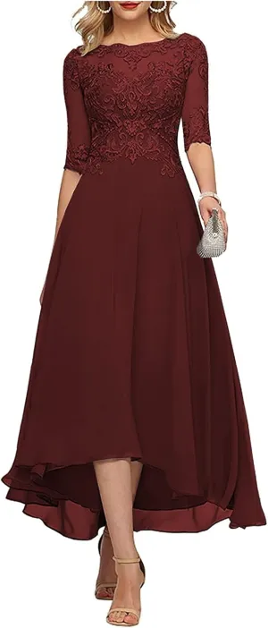 Tea Length Mother of The Bride Dresses for Wedding Half Sleeve Lace Chiffon Formal Evening Party Gown