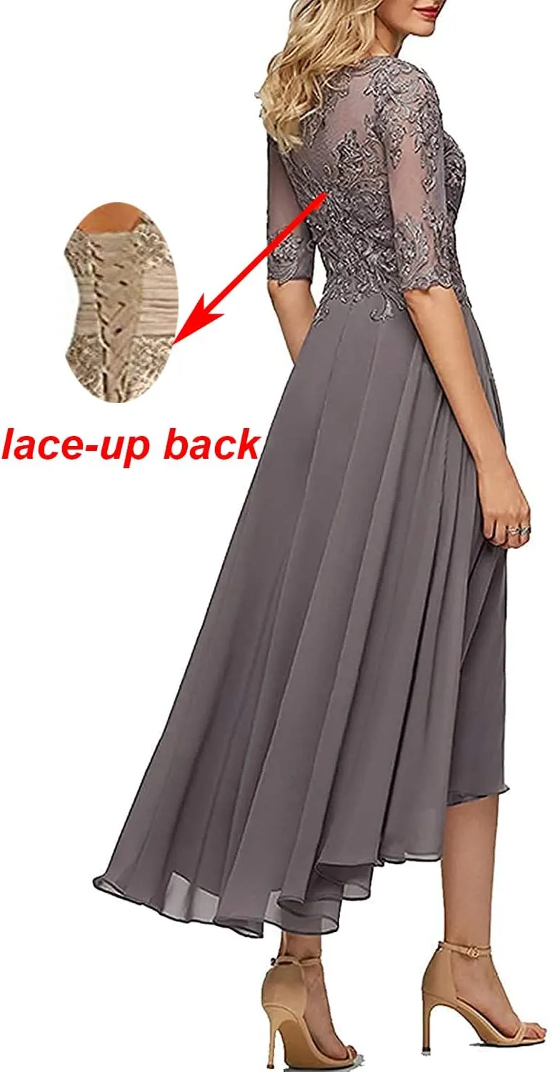 Tea Length Mother of The Bride Dresses for Wedding Half Sleeve Lace Chiffon Formal Evening Party Gown