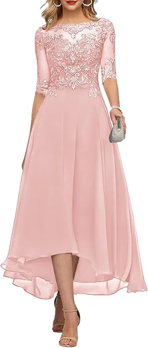Tea Length Mother of The Bride Dresses for Wedding Half Sleeve Lace Chiffon Formal Evening Party Gown