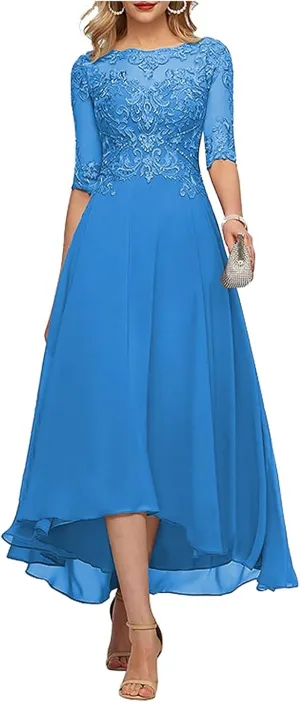 Tea Length Mother of The Bride Dresses for Wedding Half Sleeve Lace Chiffon Formal Evening Party Gown