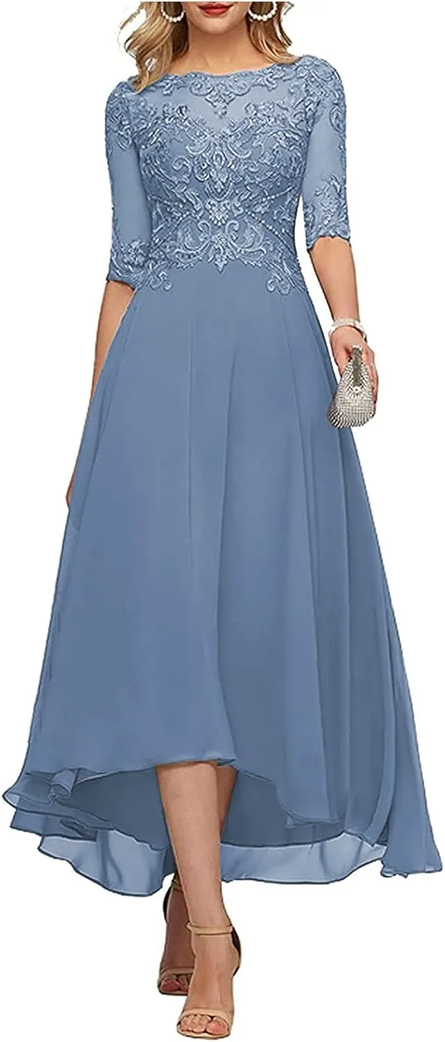 Tea Length Mother of The Bride Dresses for Wedding Half Sleeve Lace Chiffon Formal Evening Party Gown