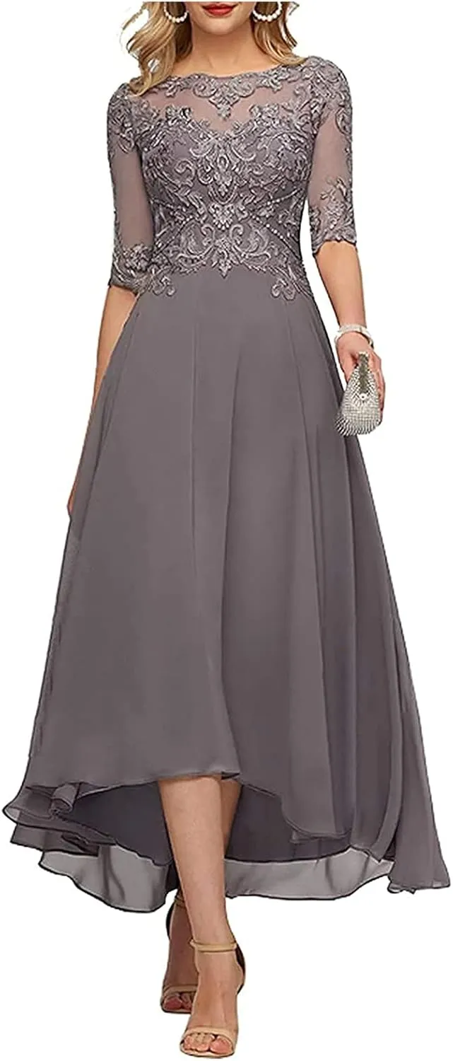 Tea Length Mother of The Bride Dresses for Wedding Half Sleeve Lace Chiffon Formal Evening Party Gown