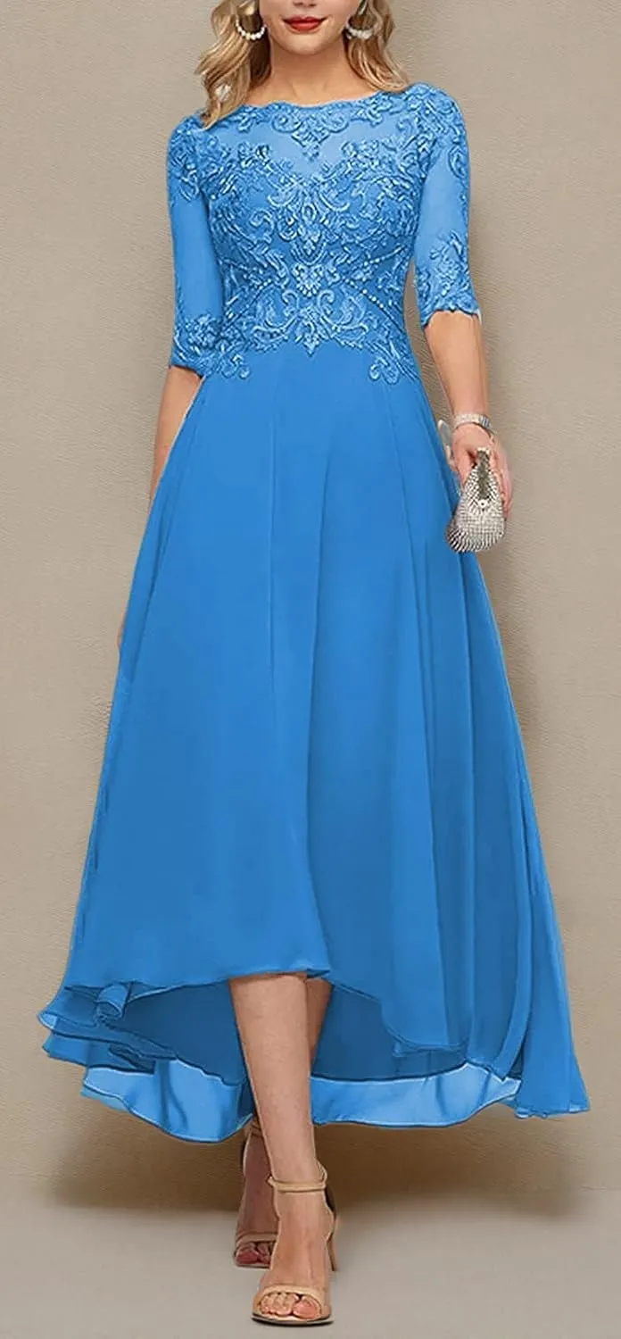 Tea Length Mother of The Bride Dresses for Wedding Half Sleeve Lace Chiffon Formal Evening Party Gown