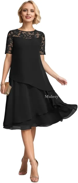 Tea Length Mother of The Bride Dresses for Wedding Lace Appliques Tiered Chiffon Formal Evening Gowns with Sleeves