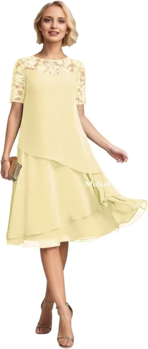 Tea Length Mother of The Bride Dresses for Wedding Lace Appliques Tiered Chiffon Formal Evening Gowns with Sleeves
