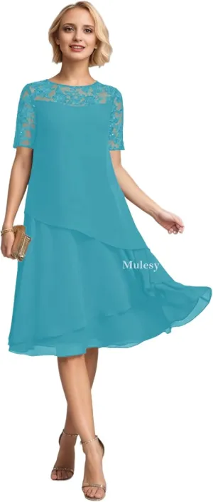 Tea Length Mother of The Bride Dresses for Wedding Lace Appliques Tiered Chiffon Formal Evening Gowns with Sleeves