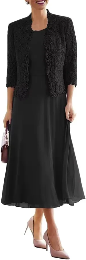 Tea Length Mother of The Bride Dresses for Wedding with 3/4 Sleeves Chiffon Formal Evening Dresses with Jacket