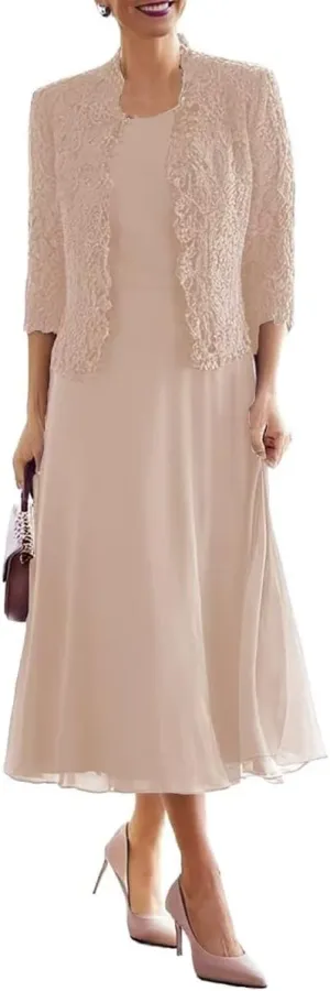 Tea Length Mother of The Bride Dresses for Wedding with 3/4 Sleeves Chiffon Formal Evening Dresses with Jacket
