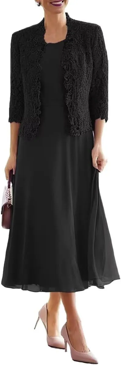 Tea Length Mother of The Bride Dresses for Wedding with 3/4 Sleeves Chiffon Formal Evening Dresses with Jacket