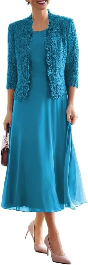 Tea Length Mother of The Bride Dresses for Wedding with 3/4 Sleeves Chiffon Formal Evening Dresses with Jacket