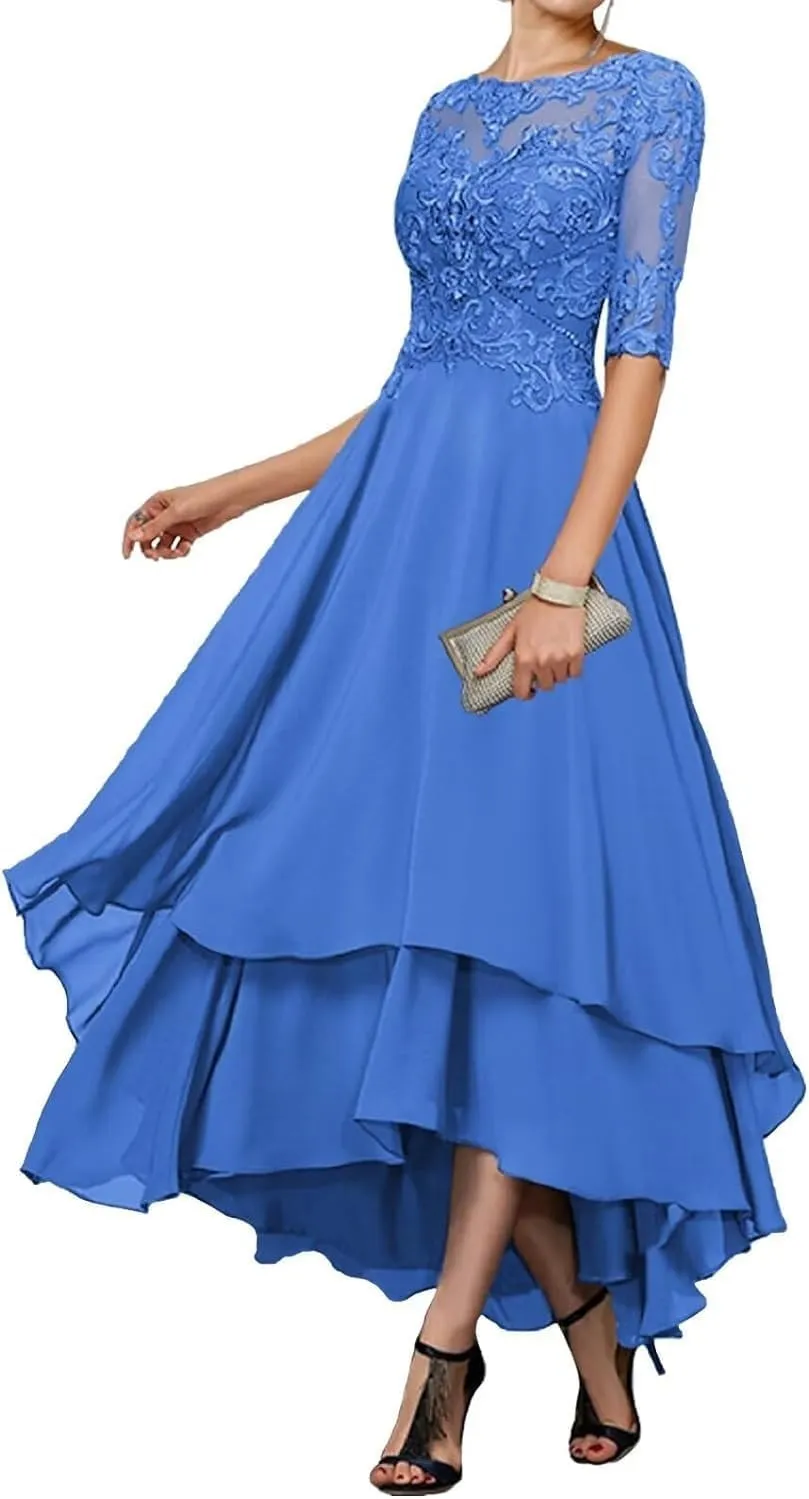 Tea Length Mother of The Bride Dresses for Wedding with Pockets Half Sleeve Lace Chiffon Formal Evening Gown