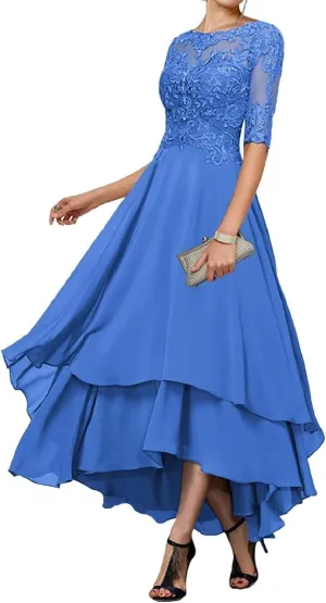 Tea Length Mother of The Bride Dresses for Wedding with Pockets Half Sleeve Lace Chiffon Formal Evening Gown