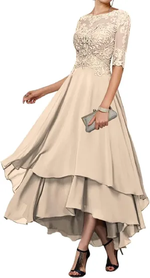 Tea Length Mother of The Bride Dresses for Wedding with Pockets Half Sleeve Lace Chiffon Formal Evening Gown