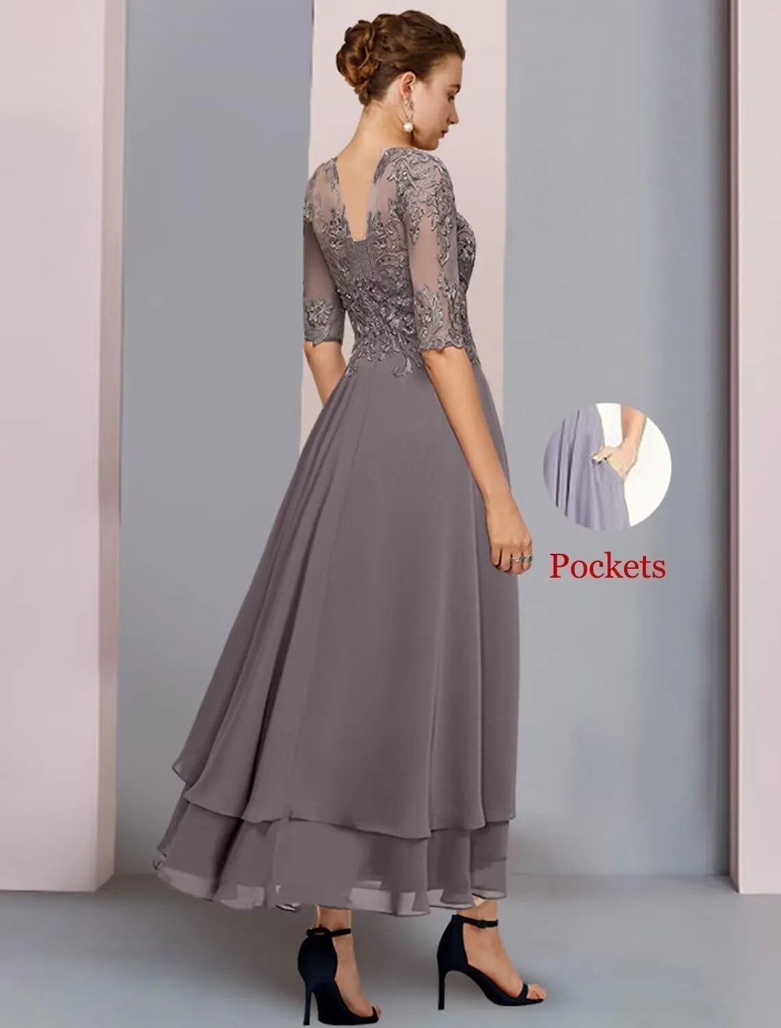 Tea Length Mother of The Bride Dresses for Wedding with Pockets Half Sleeve Lace Chiffon Formal Evening Gown