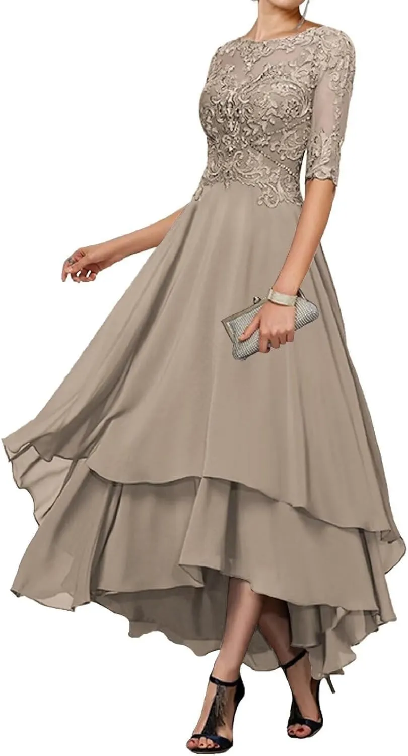Tea Length Mother of The Bride Dresses for Wedding with Pockets Half Sleeve Lace Chiffon Formal Evening Gown