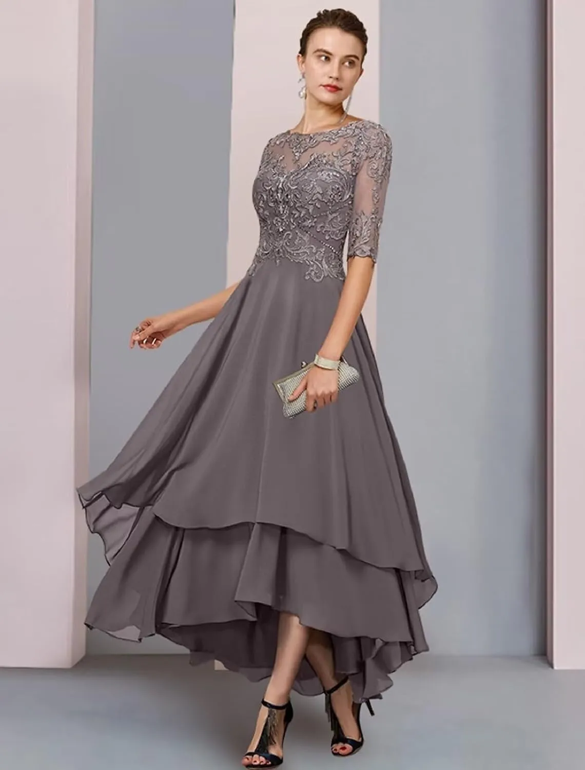 Tea Length Mother of The Bride Dresses for Wedding with Pockets Half Sleeve Lace Chiffon Formal Evening Gown