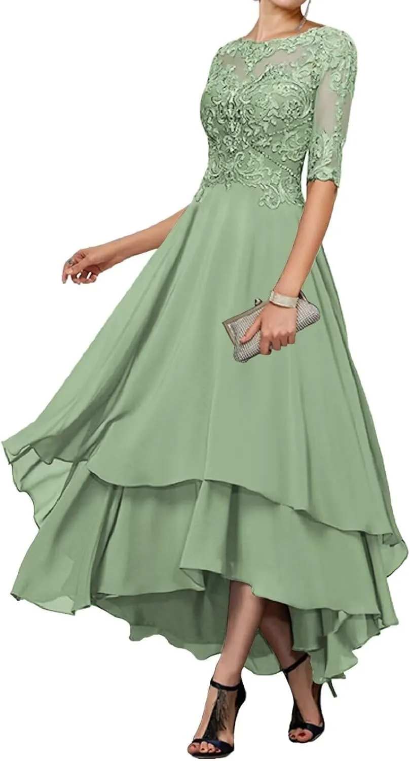 Tea Length Mother of The Bride Dresses for Wedding with Pockets Half Sleeve Lace Chiffon Formal Evening Gown