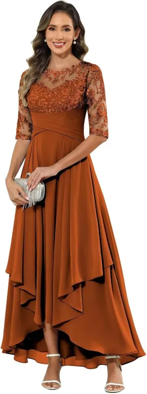 Tea Length Mother of The Bride Dresses for Women Half Sleeve Chiffon Lace Applique Formal Evening Dress