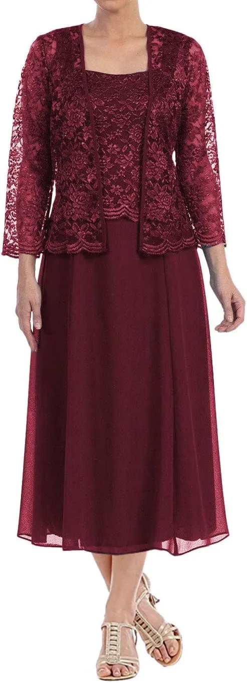 Tea Length Mother of The Bride Dresses Lace Evening Formal Dress Chiffon Wedding Guest Groom Dress Floral Lace Jacket