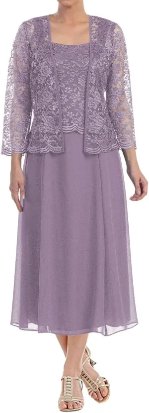 Tea Length Mother of The Bride Dresses Lace Evening Formal Dress Chiffon Wedding Guest Groom Dress Floral Lace Jacket