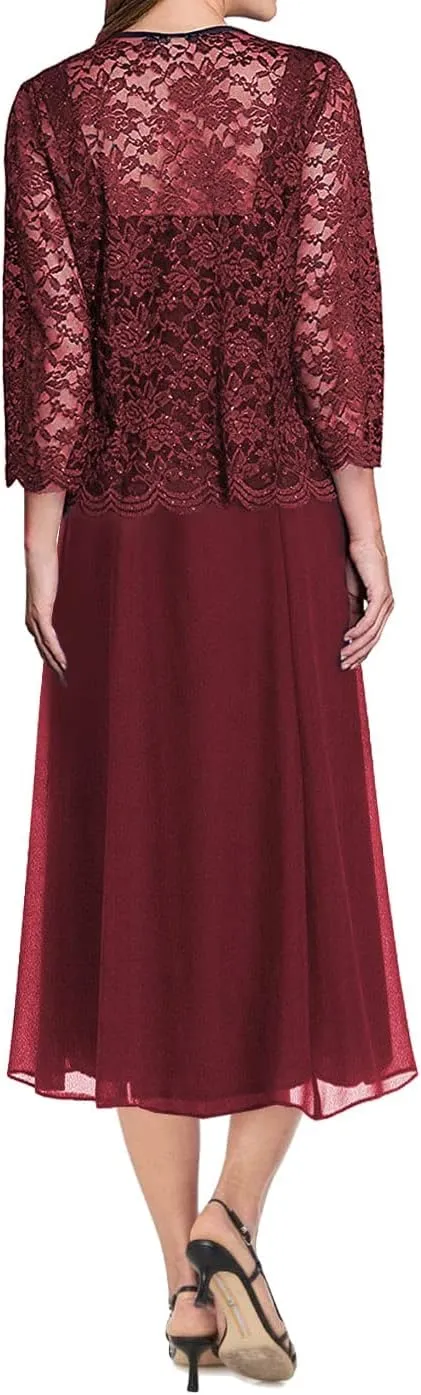 Tea Length Mother of The Bride Dresses Lace Evening Formal Dress Chiffon Wedding Guest Groom Dress Floral Lace Jacket