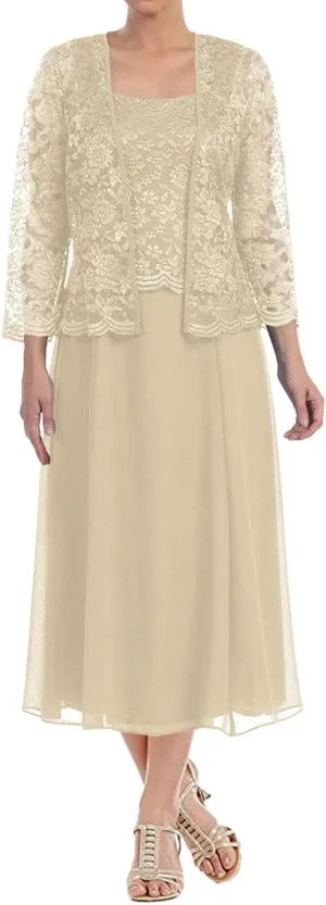 Tea Length Mother of The Bride Dresses Lace Evening Formal Dress Chiffon Wedding Guest Groom Dress Floral Lace Jacket