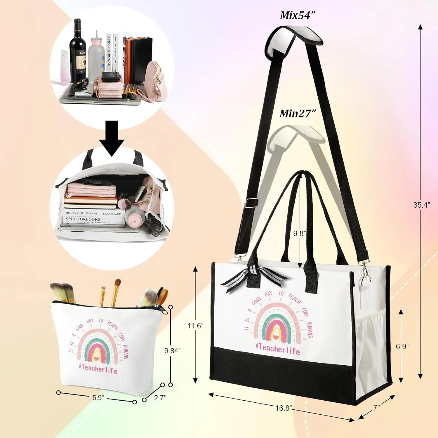 Teacher Appreciation Gifts Teacher Tote Bag for Women Birthday Gifts Large Canvas Tote Bag Makeup Bag Set